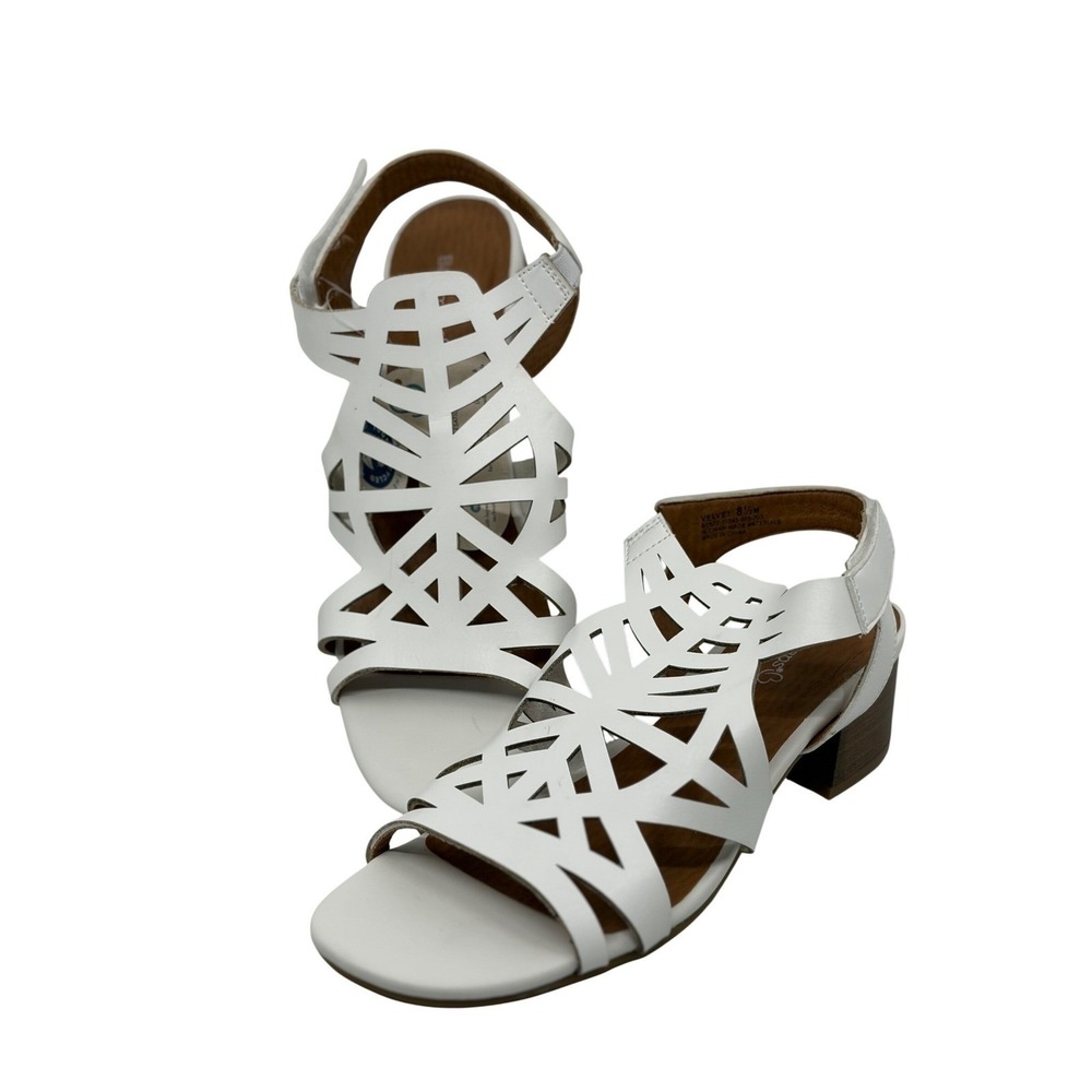 BareTraps White Laser-Cut Low Block Heel Sandals